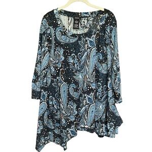 Premise 3/4 Sleeve Handkerchief Hem Tunic Top Womens XL Blue Knit Paisley Print
